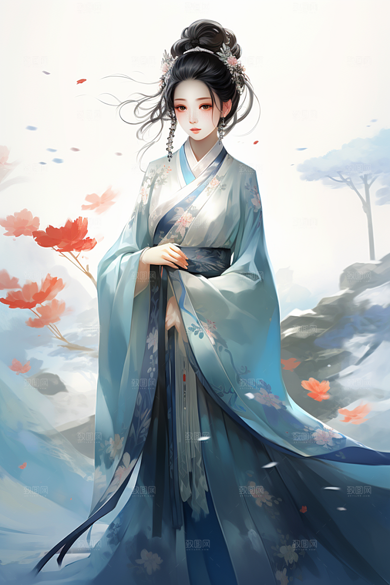 新中式美女温婉水墨插画