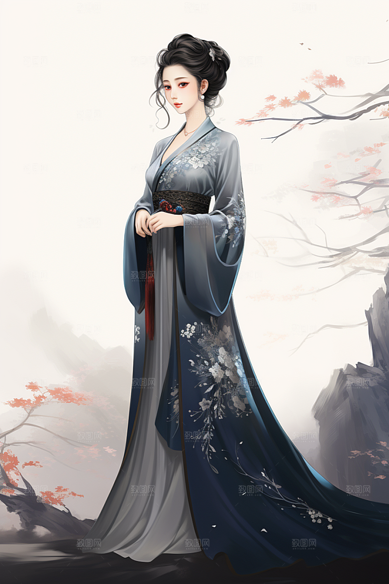 新中式美女艺术手绘插画