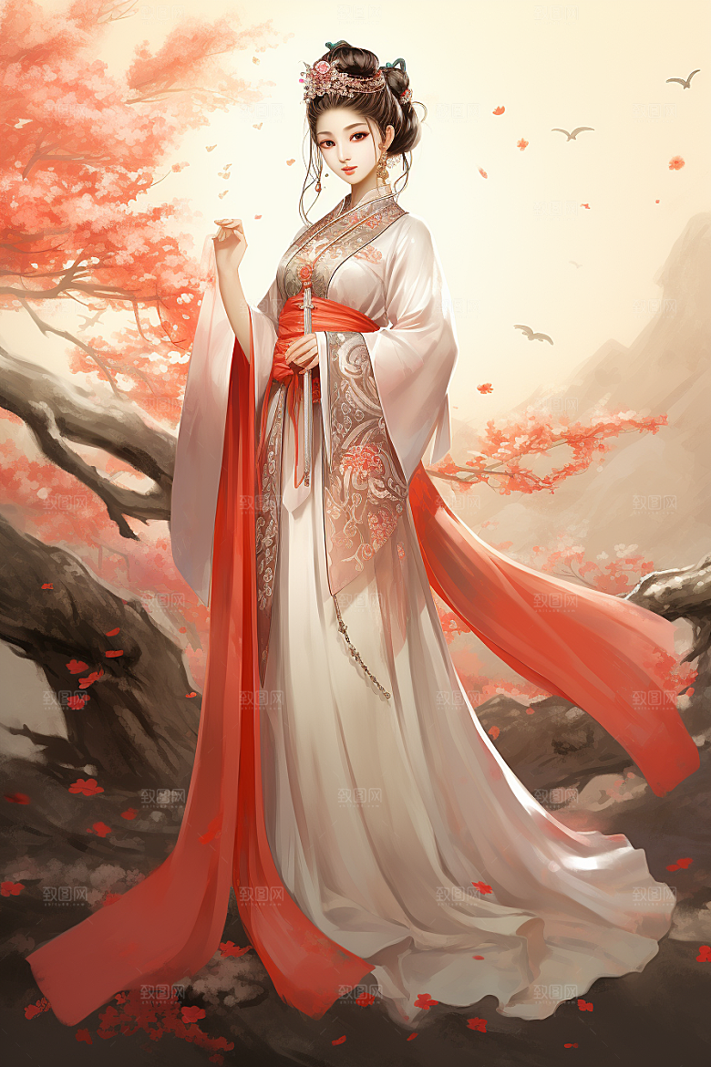 新中式美女手绘艺术插画