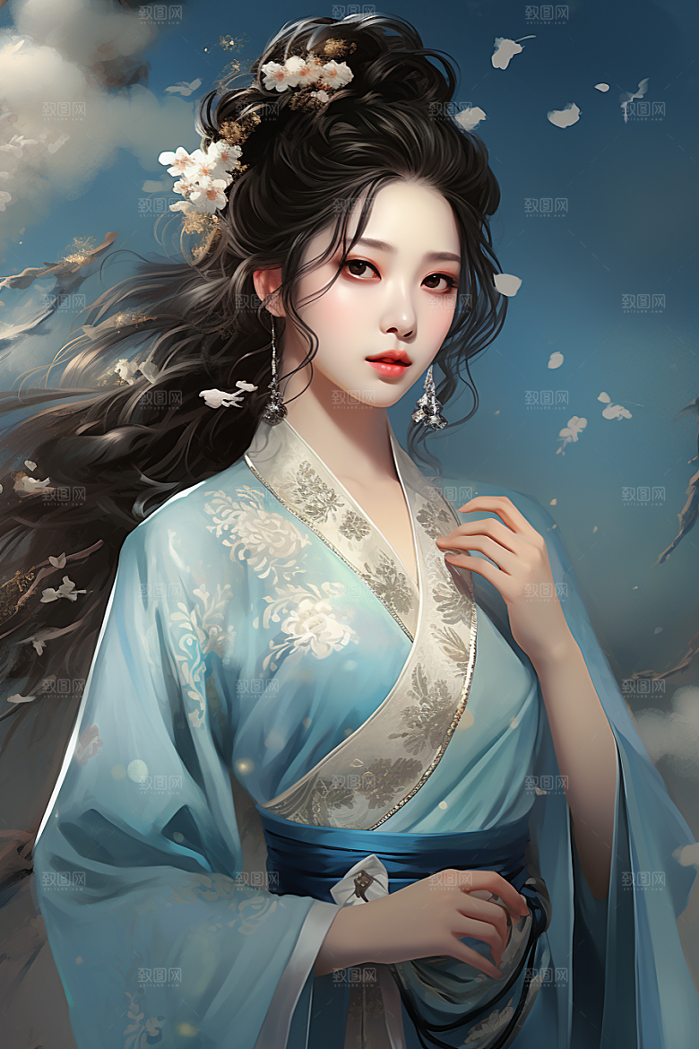 新中式美女中国风水墨插画