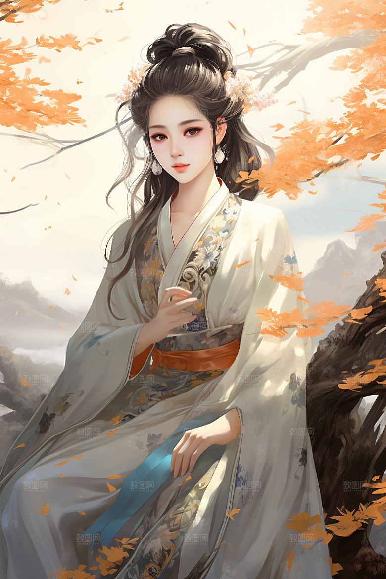 新中式美女水墨手绘插画