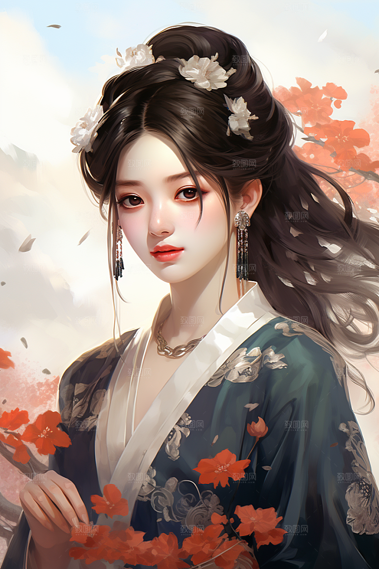 新中式美女文艺手绘插画