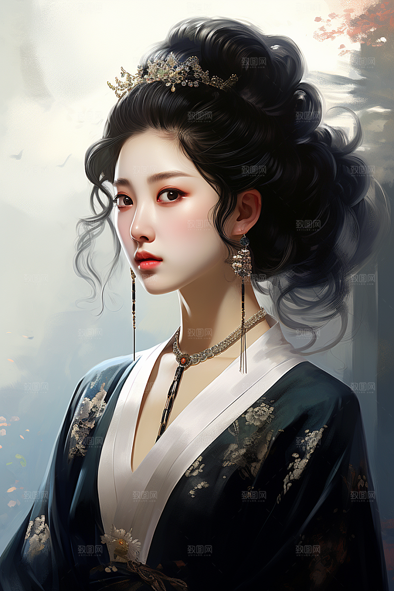新中式美女温婉高清插画