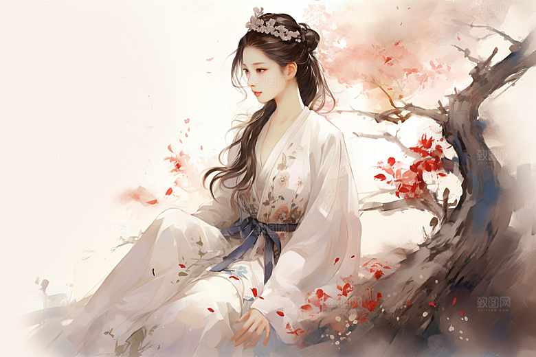 新中式美女高清手绘插画