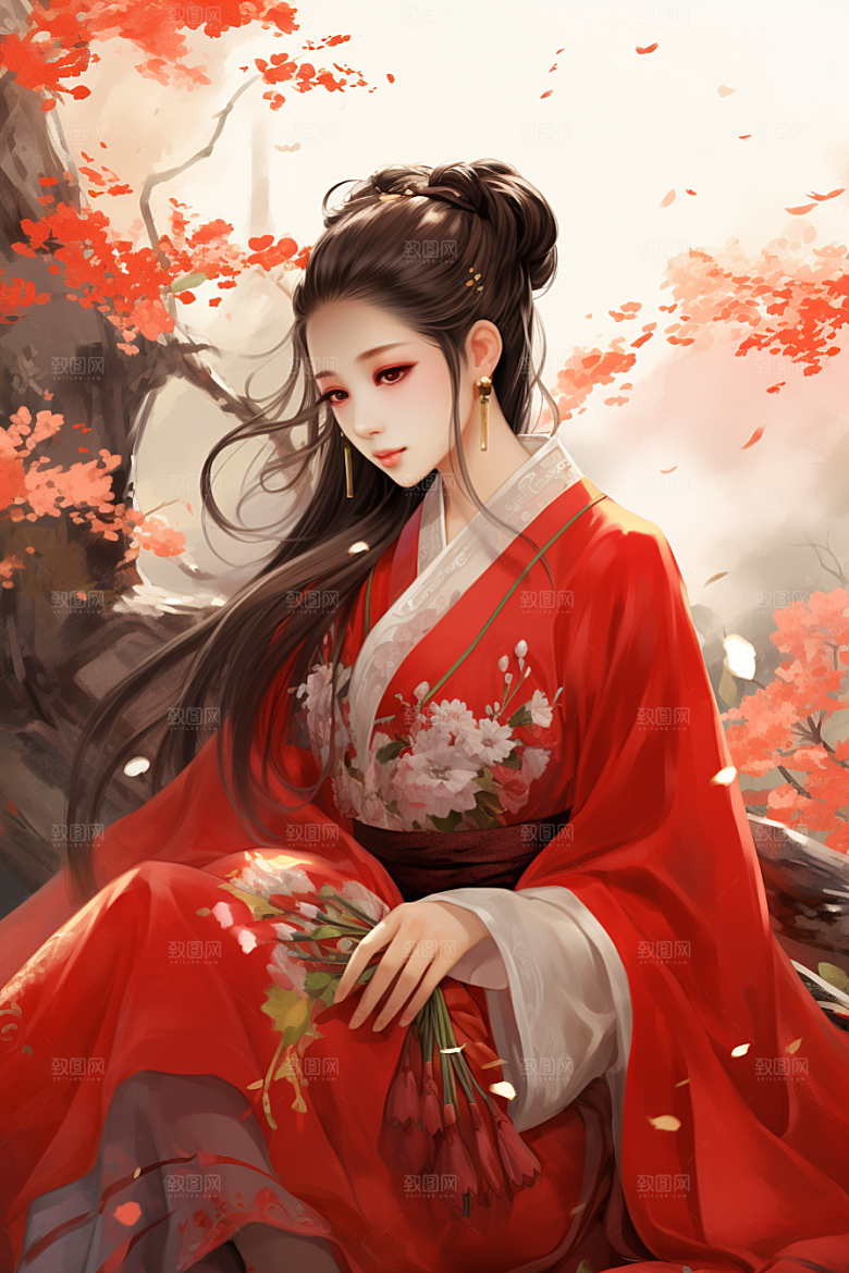 新中式美女水墨中国风插画