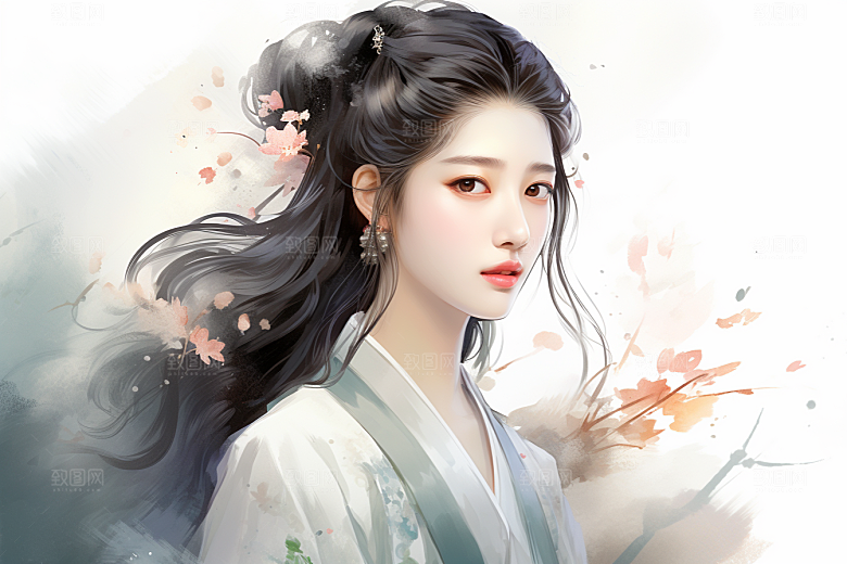 新中式美女艺术水墨插画