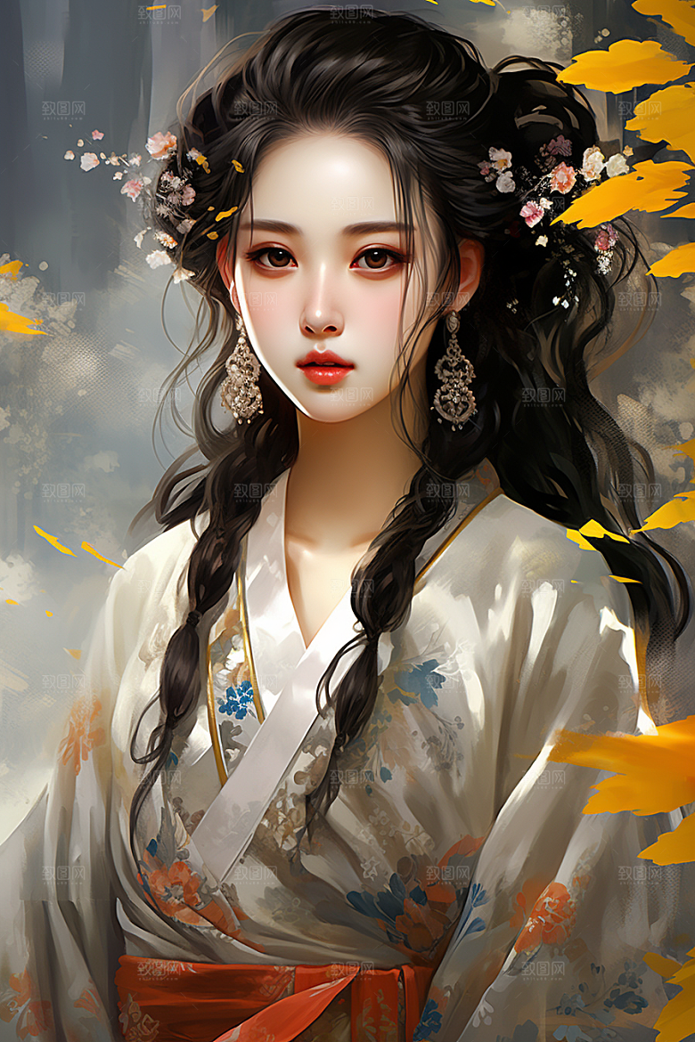 新中式美女唯美手绘插画