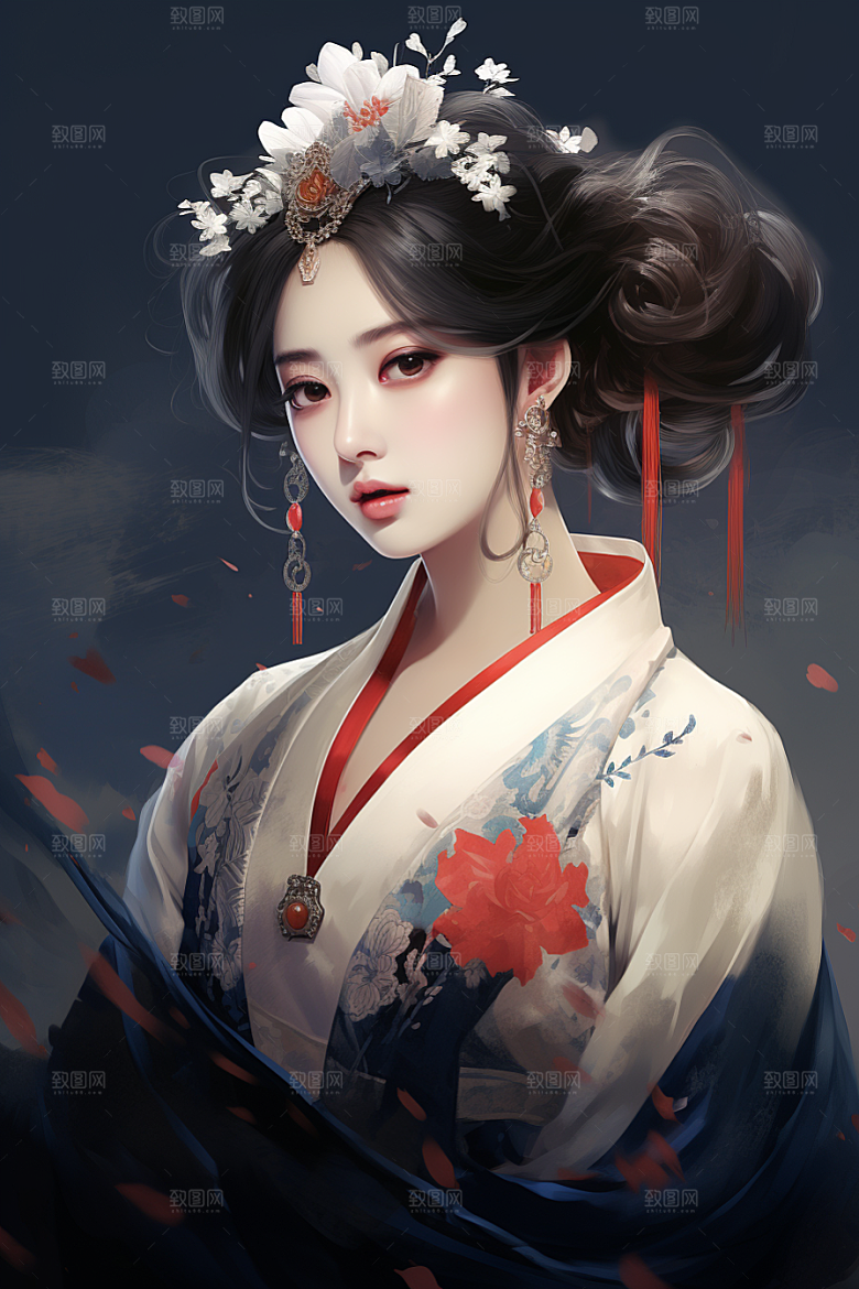 新中式美女水墨手绘插画