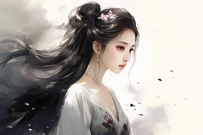 新中式美女手绘高清插画