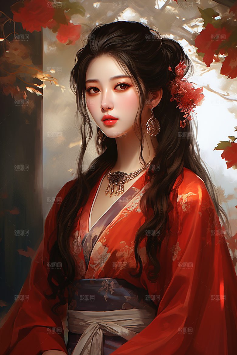 新中式美女艺术水墨插画