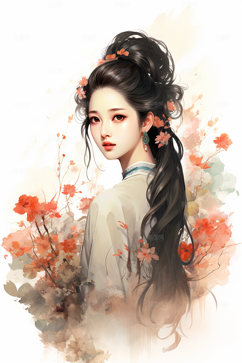 新中式美女中国风水墨插画