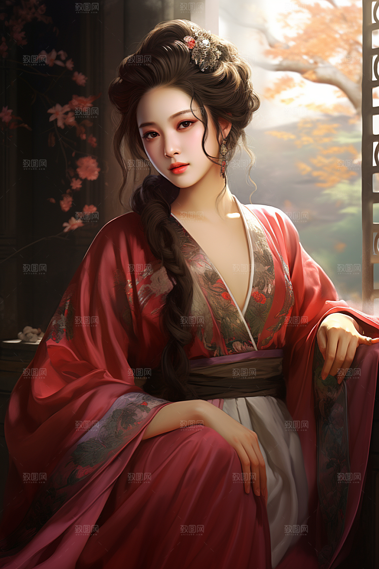 新中式美女水墨文艺插画