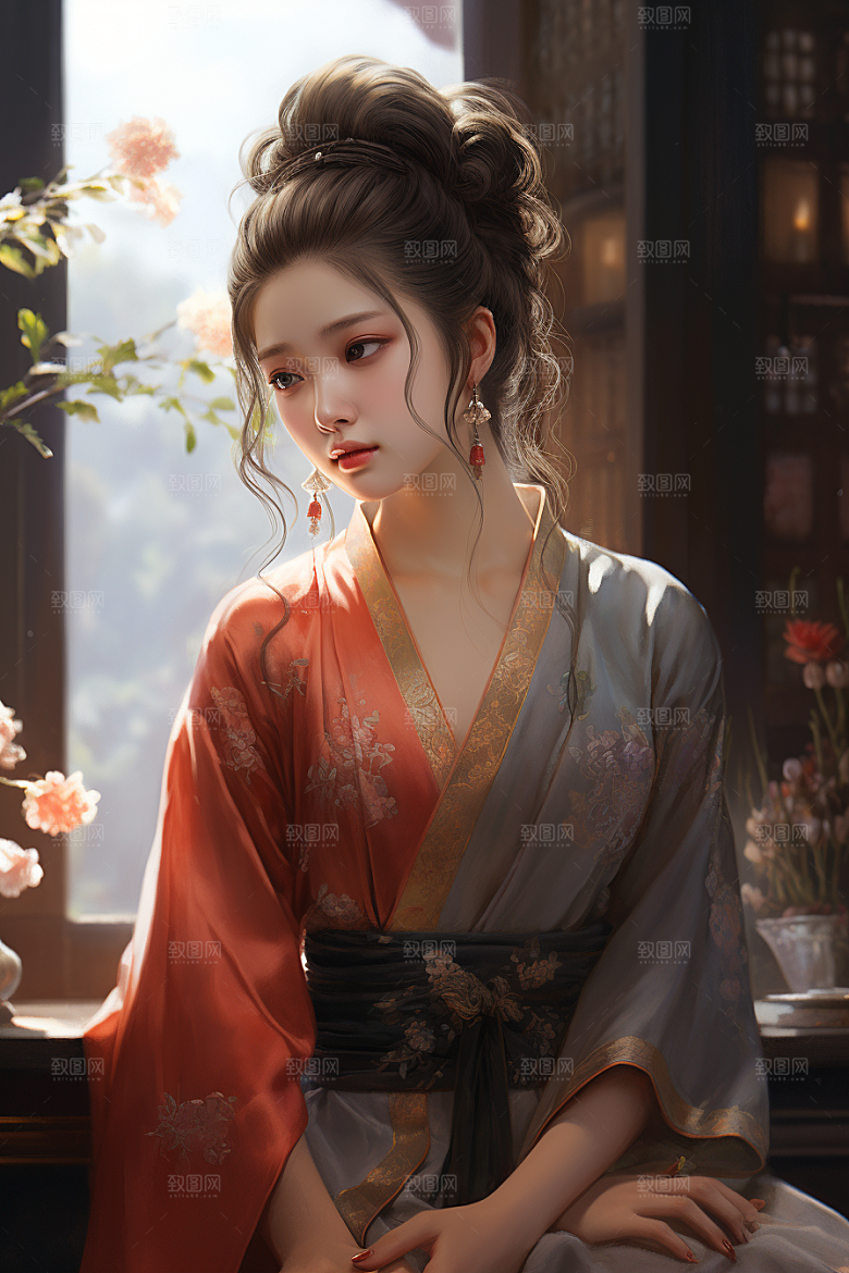 新中式美女文艺高清插画