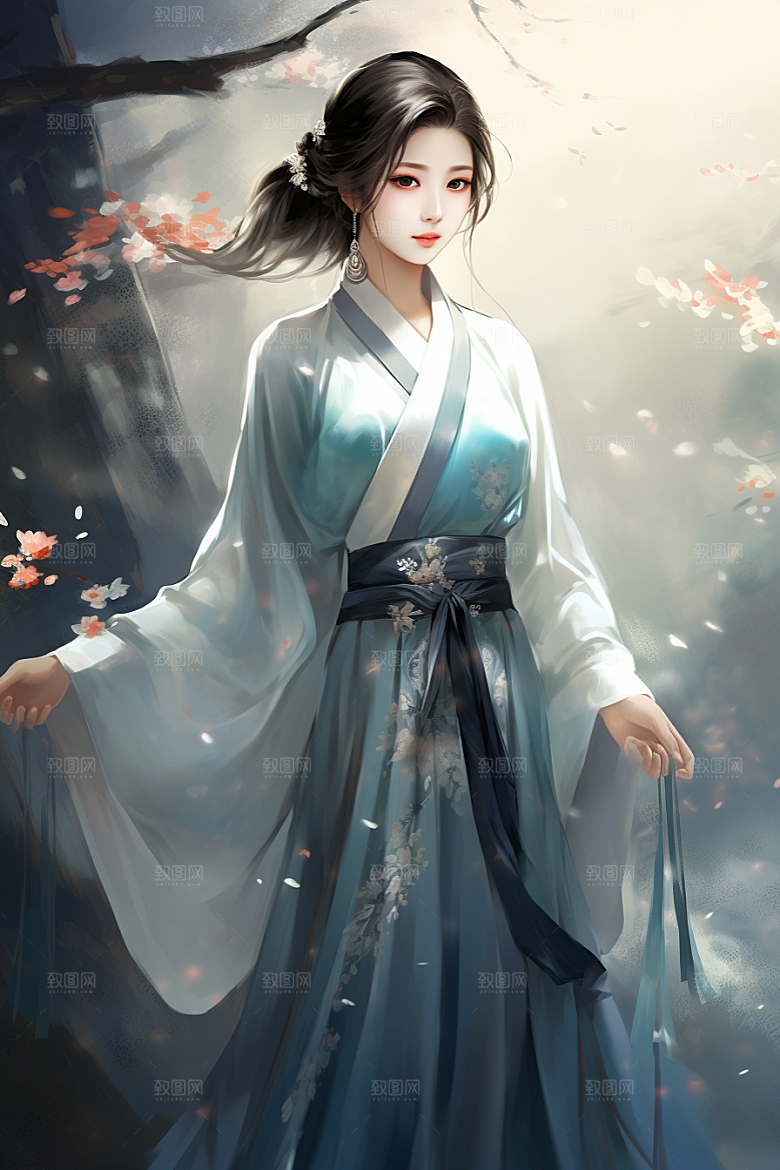 新中式美女水墨唯美插画