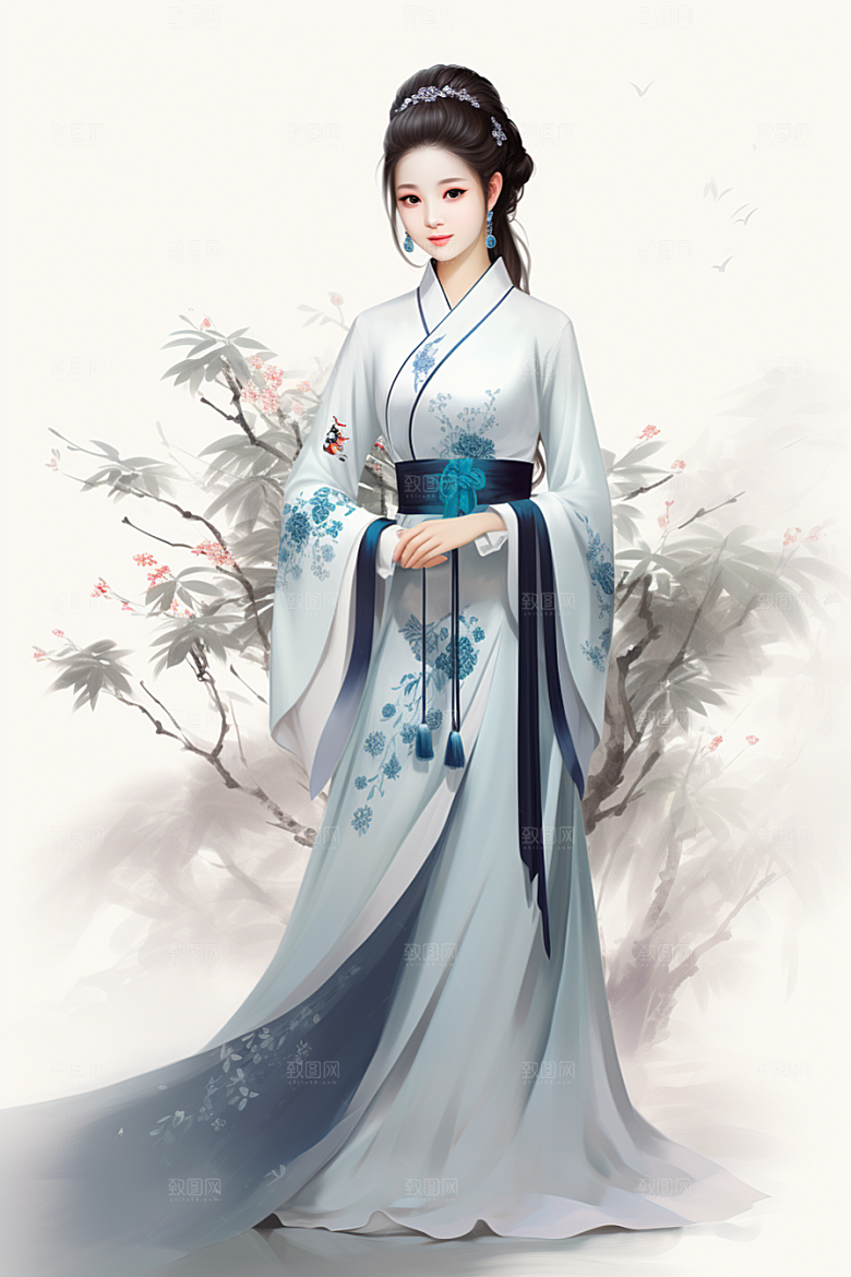 新中式美女手绘高清插画