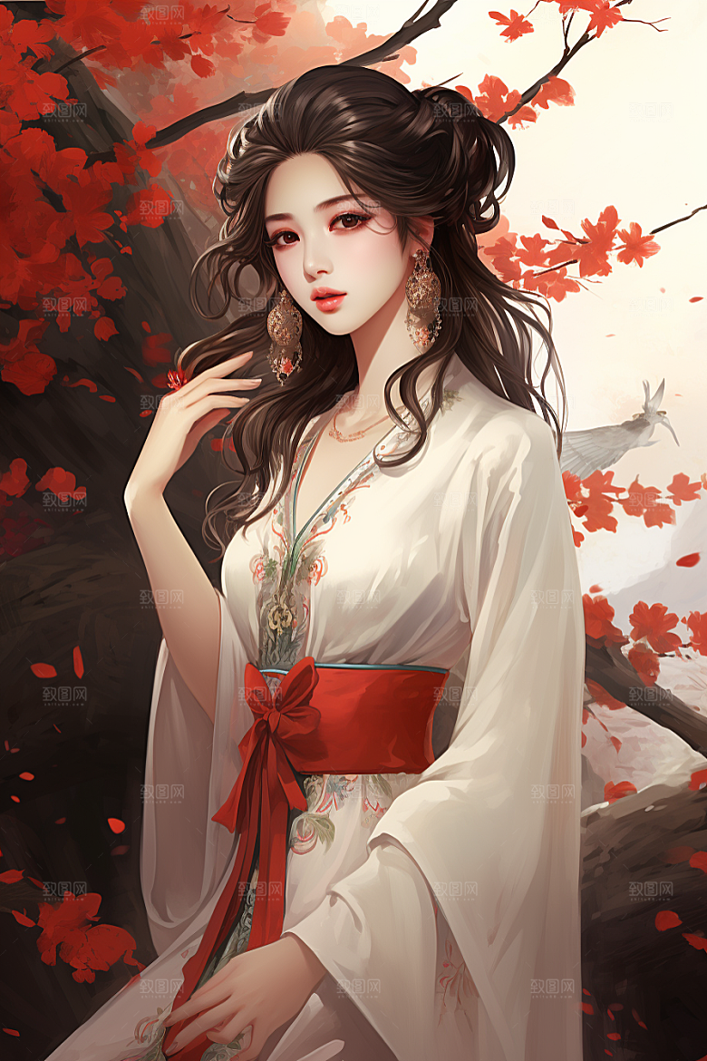 新中式美女手绘艺术插画