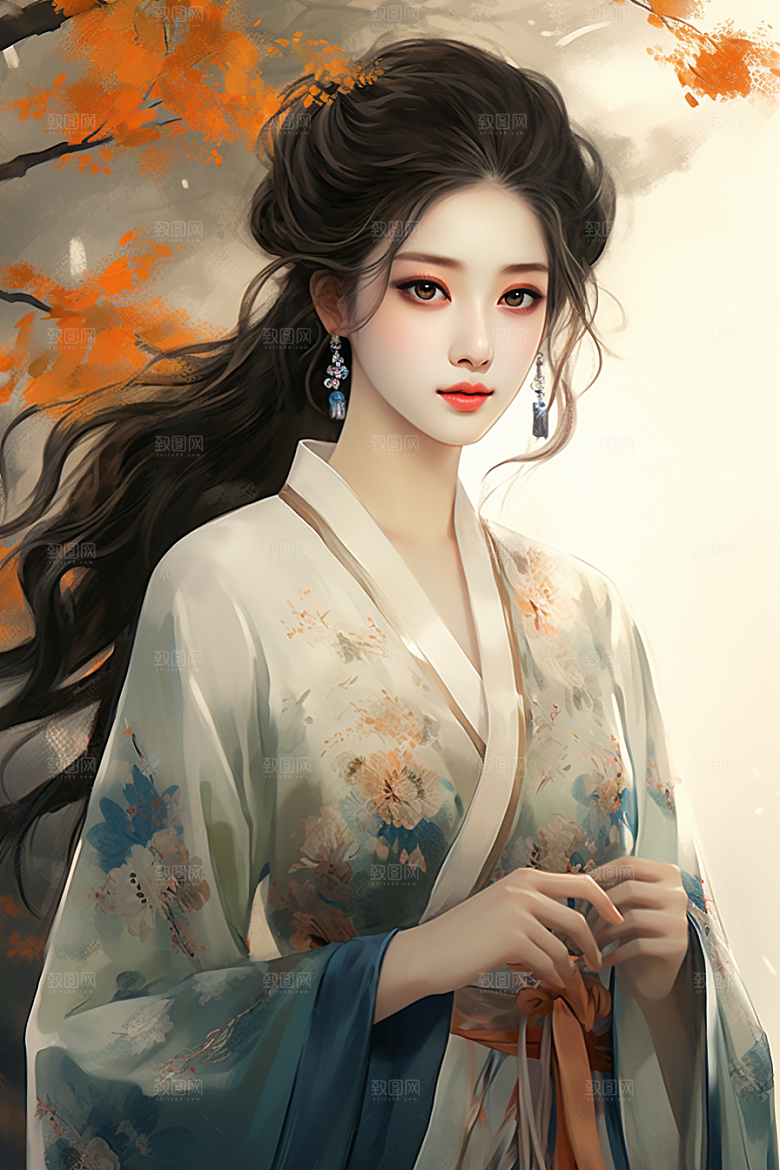 新中式美女唯美文艺插画