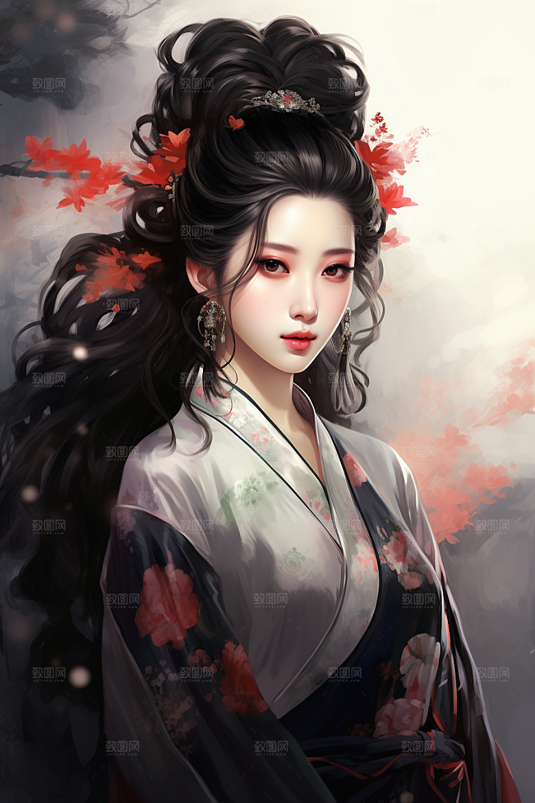 新中式美女手绘高清插画
