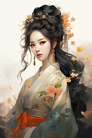 新中式美女高清手绘插画