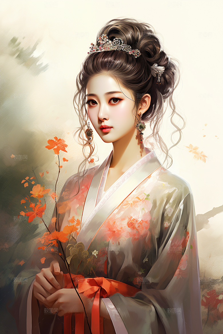 新中式美女手绘艺术插画