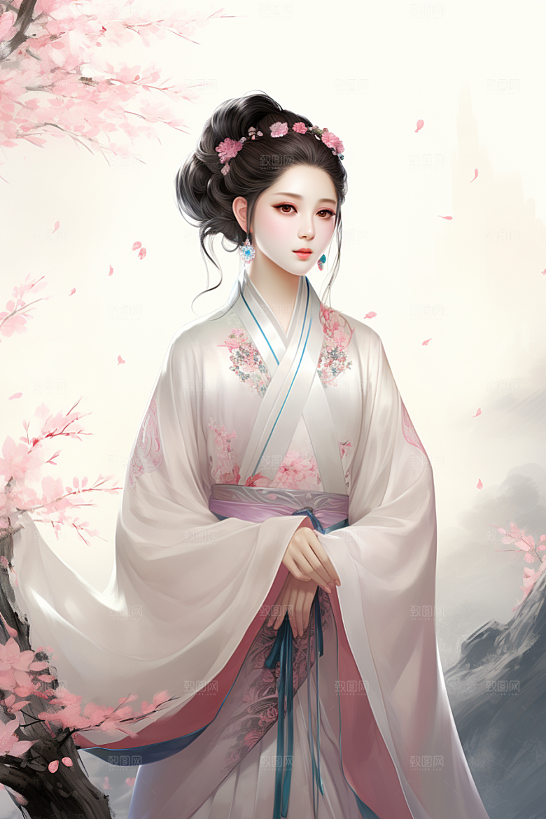 新中式美女手绘艺术插画