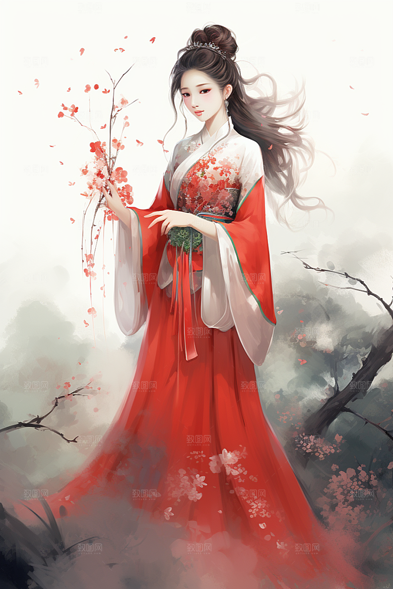 新中式美女手绘艺术插画