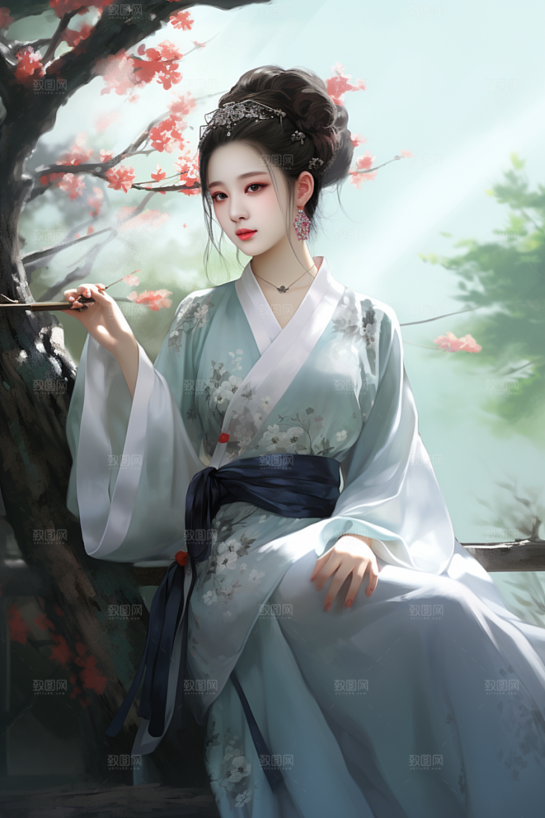 新中式美女手绘中国风插画
