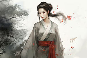 新中式美女艺术水墨插画