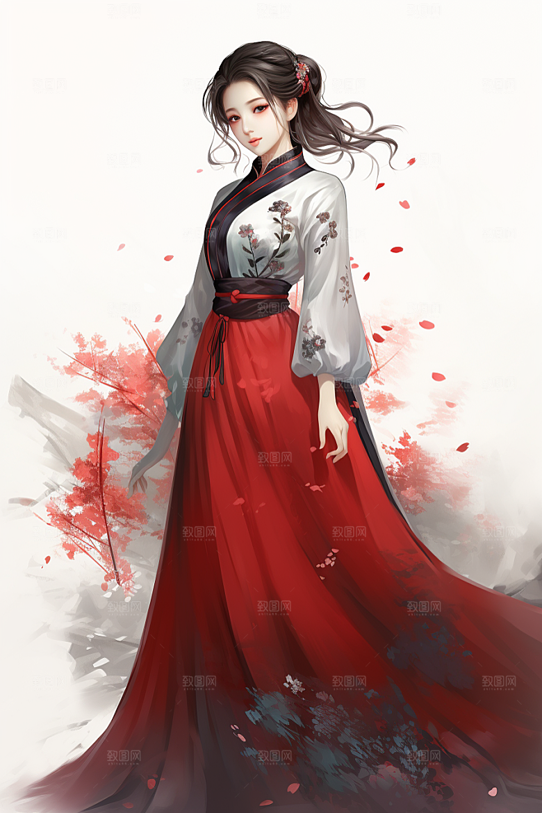 新中式美女文艺水墨插画