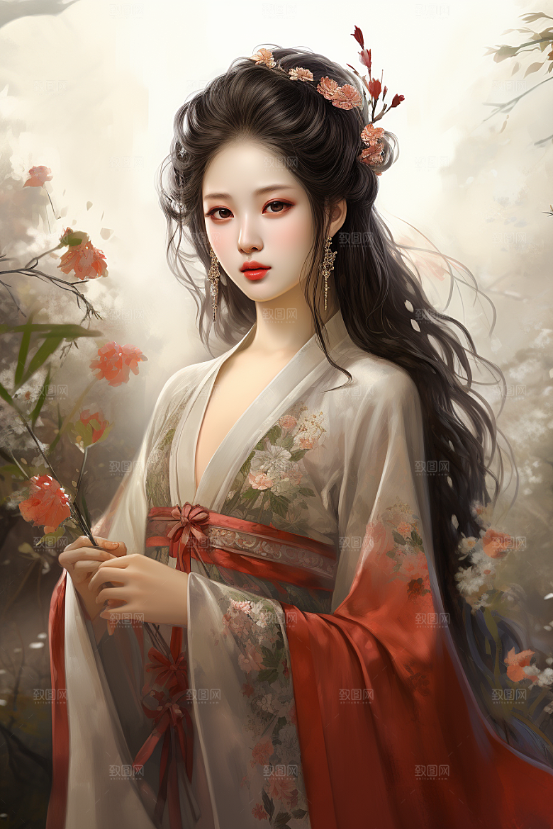 新中式美女水墨艺术插画