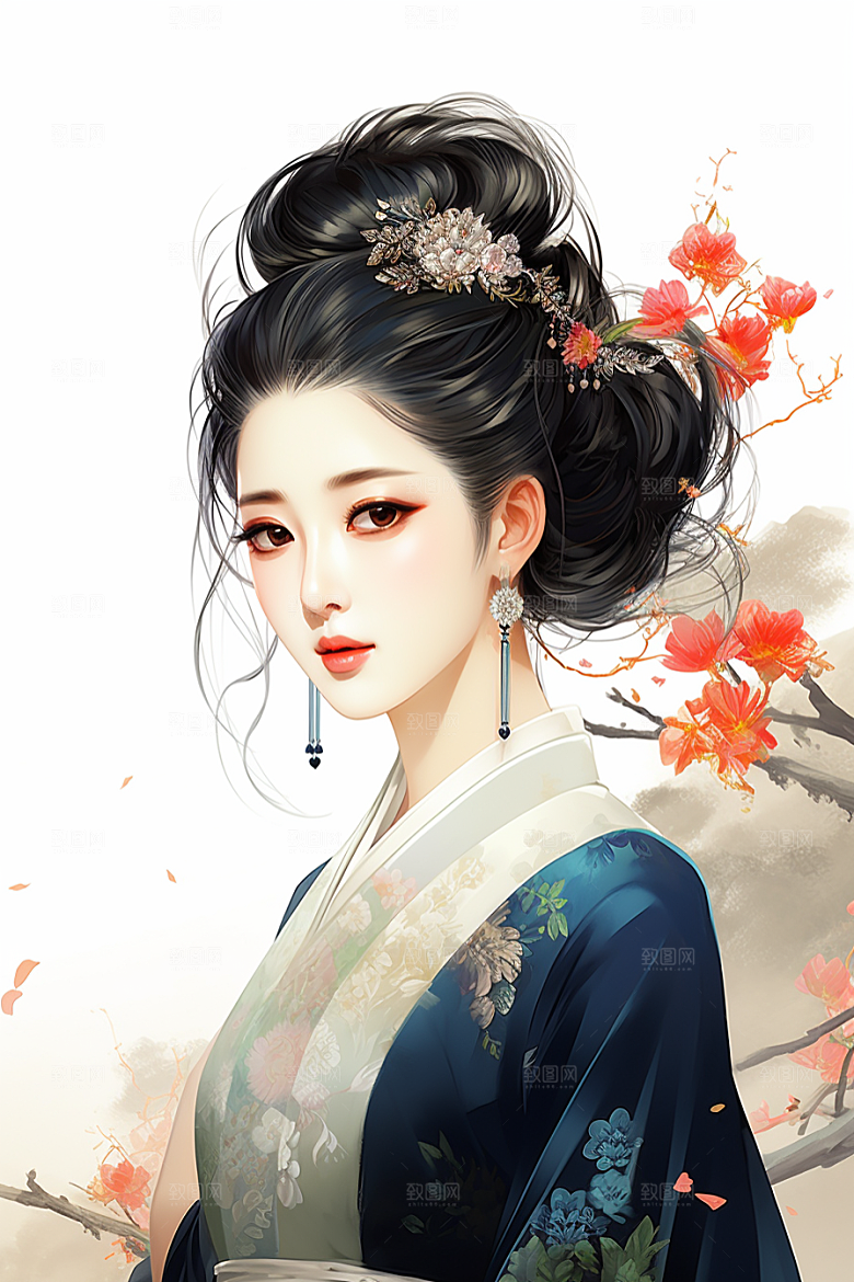 新中式美女水墨中国风插画