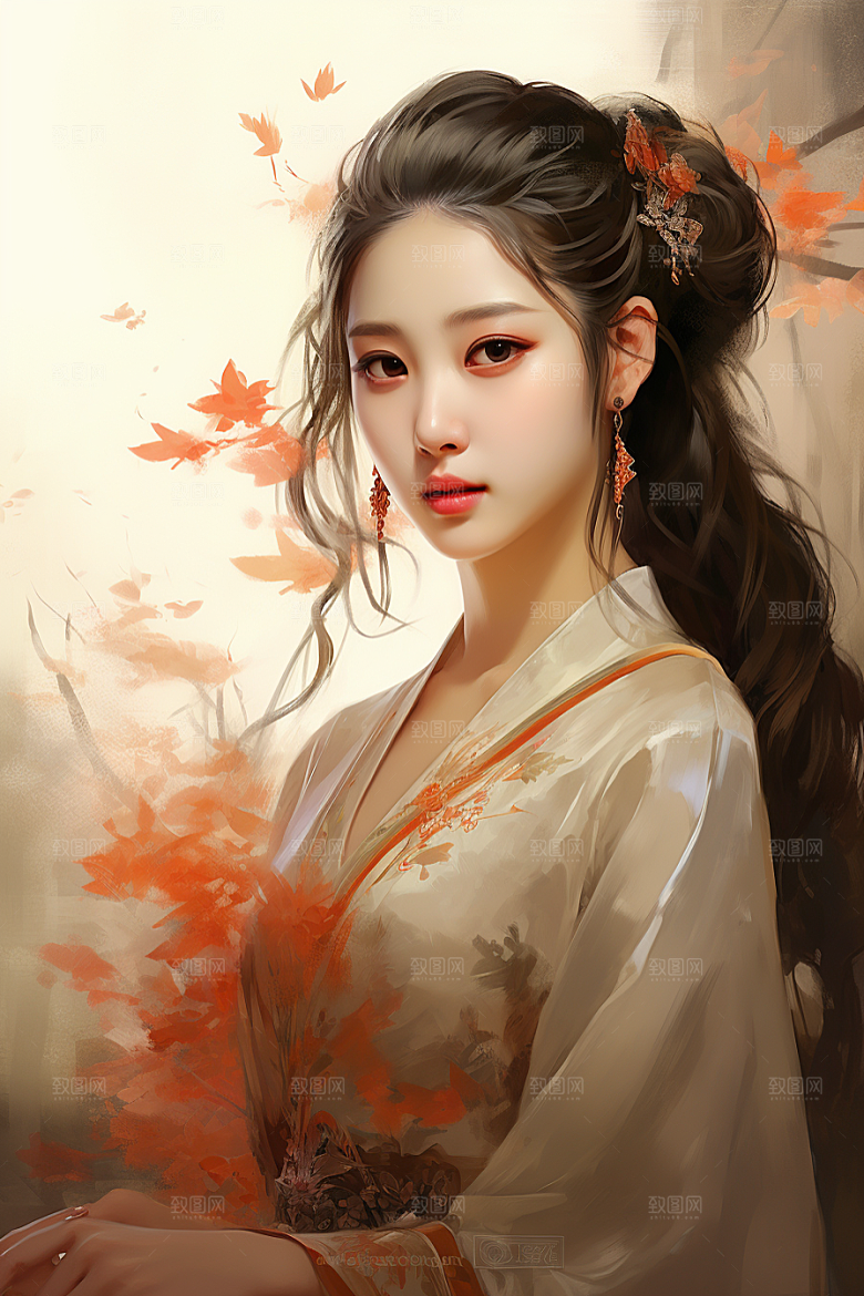 新中式美女水墨文艺插画