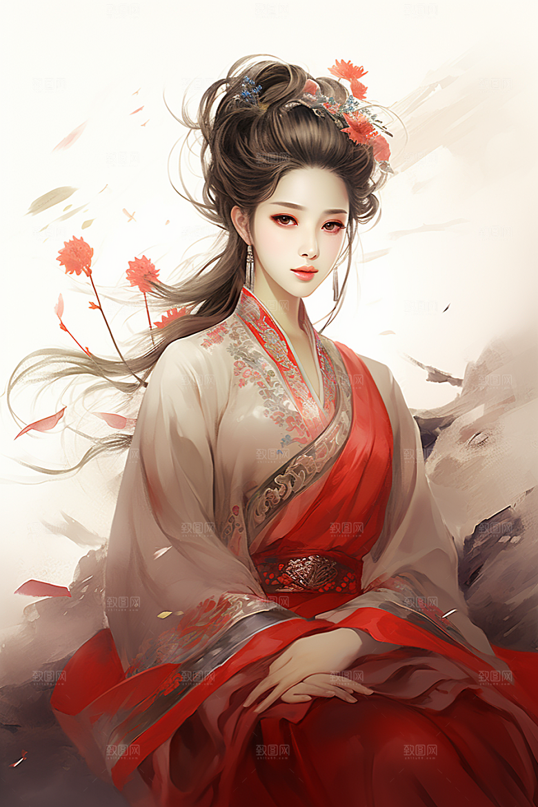 新中式美女手绘艺术插画