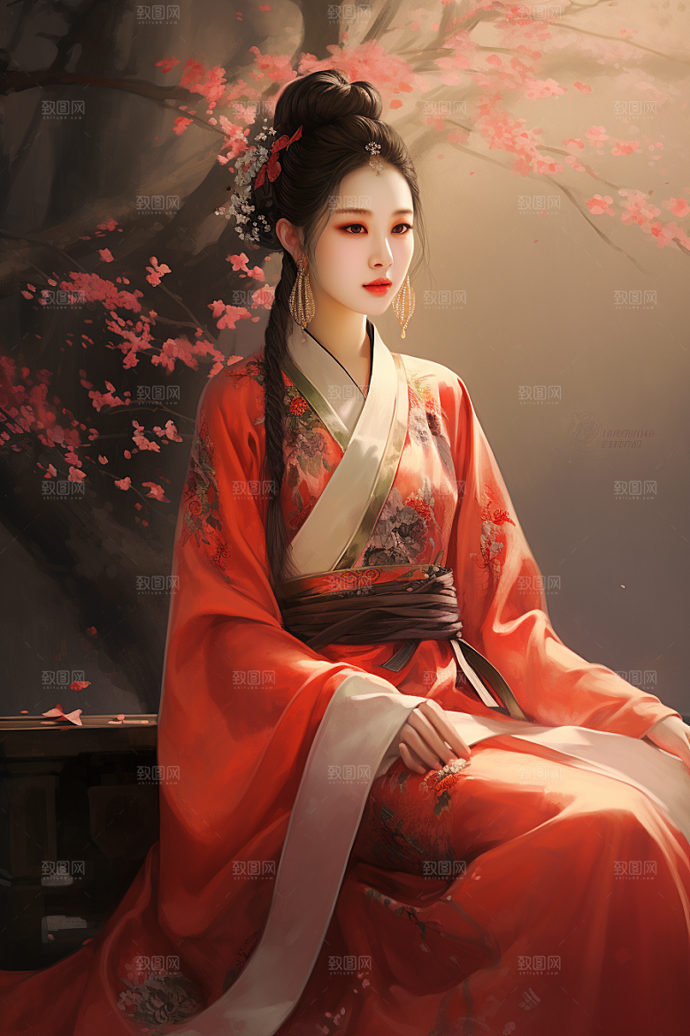 新中式美女手绘水墨插画