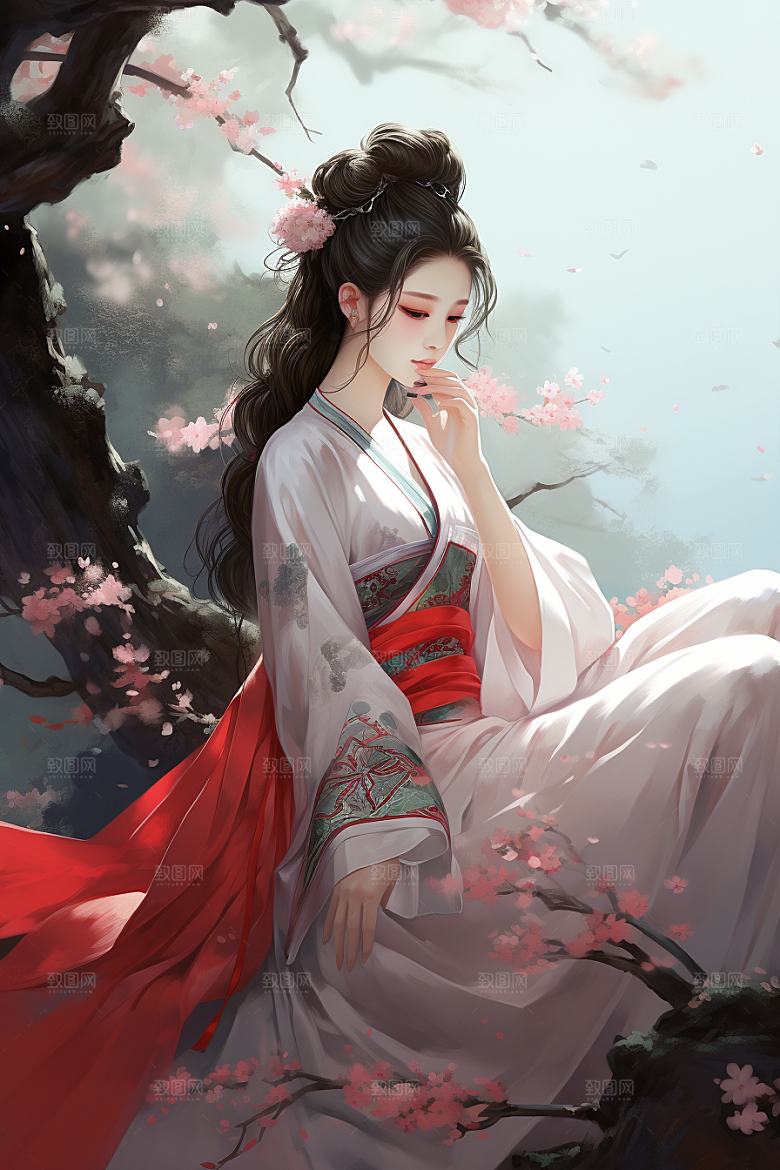 新中式美女艺术手绘插画