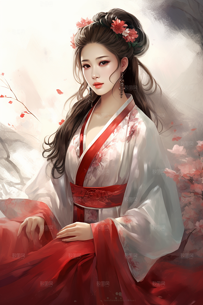 新中式美女水墨文艺插画