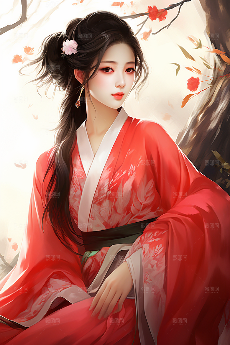 新中式美女水墨艺术插画