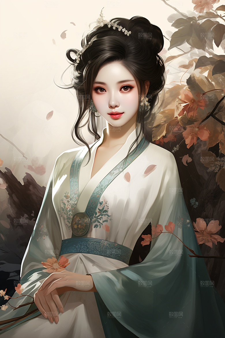 新中式美女唯美水墨插画