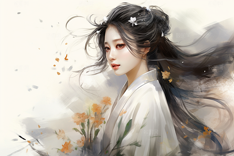 新中式美女文艺水墨插画