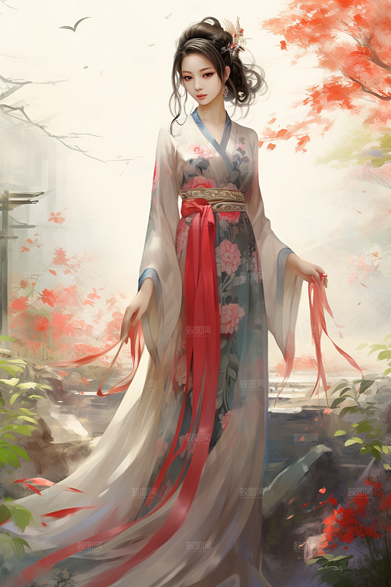 新中式美女高清手绘插画