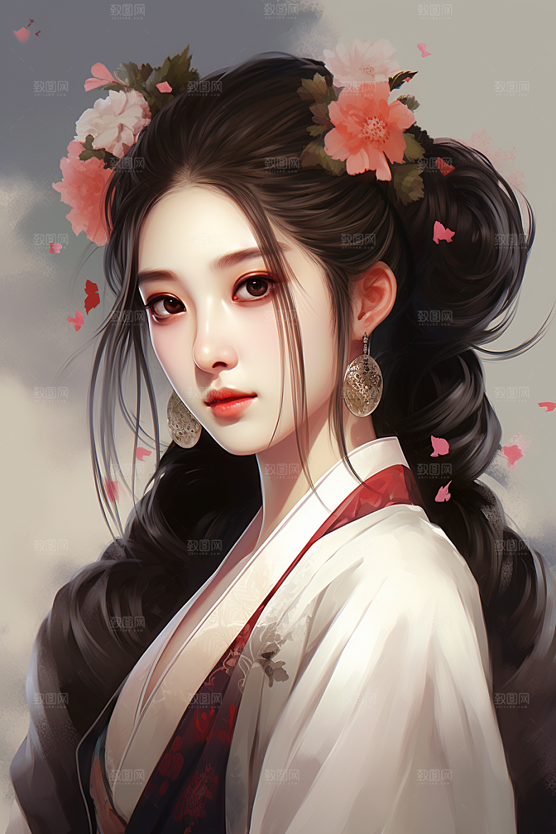 新中式美女水墨高清插画
