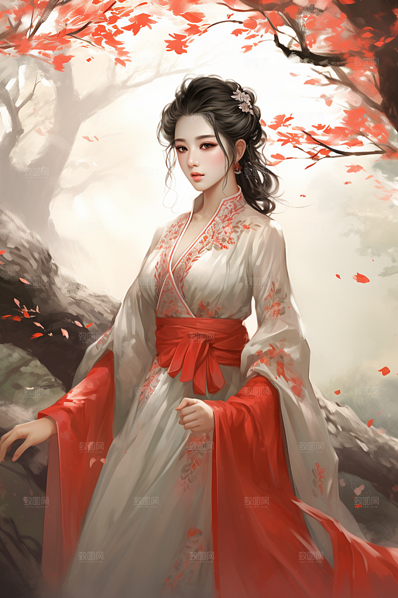 新中式美女高清手绘插画