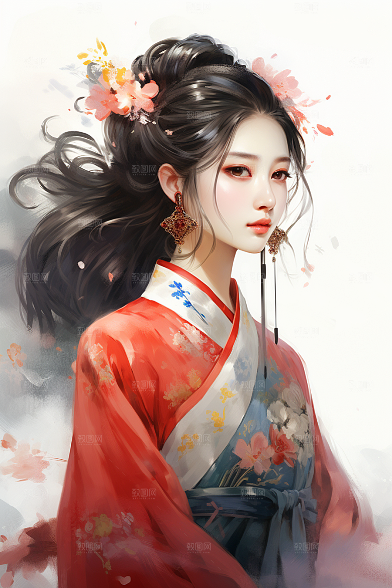 新中式美女手绘唯美插画