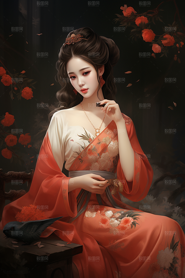 新中式美女文艺高清插画