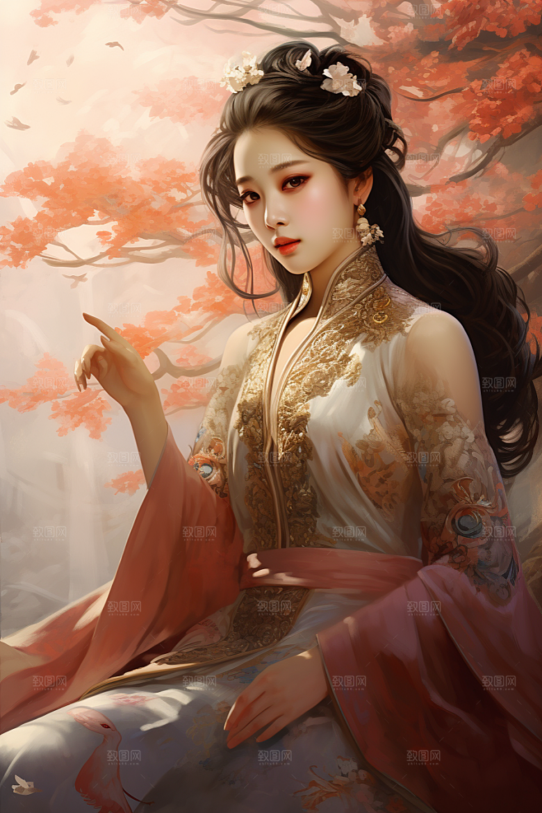 新中式美女唯美水墨插画