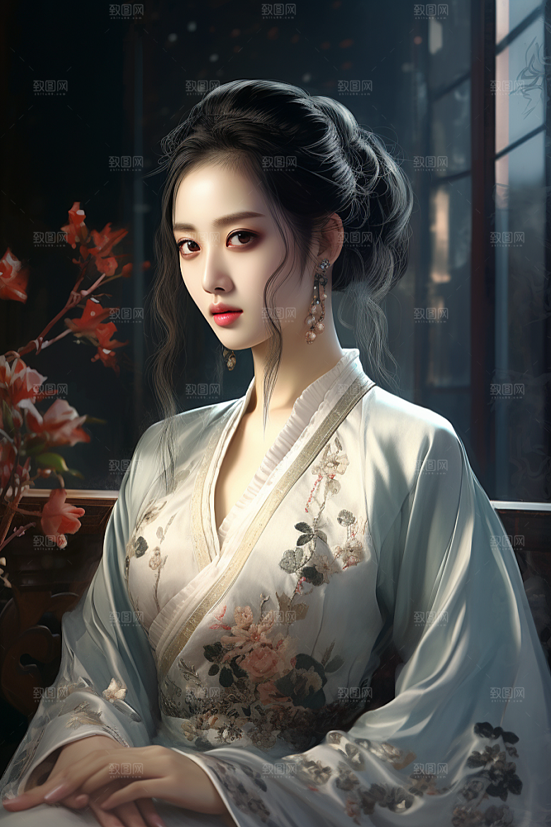 新中式美女水墨唯美插画