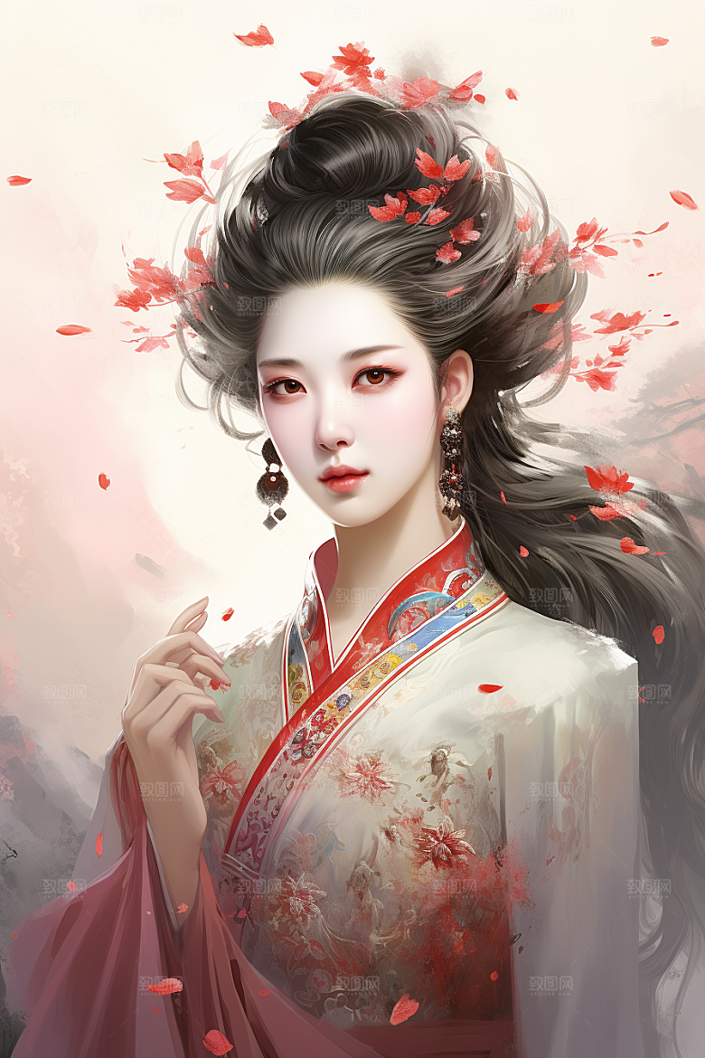 新中式美女中国风水墨插画