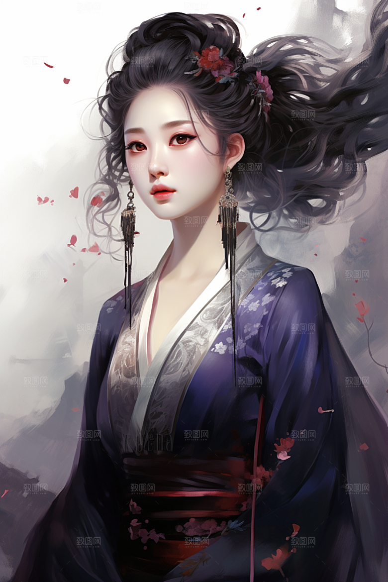 新中式美女水墨唯美插画