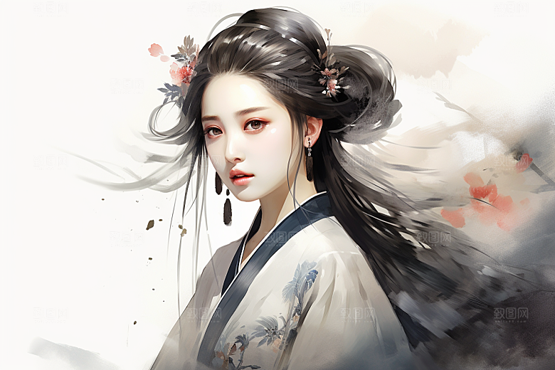 新中式美女唯美手绘插画