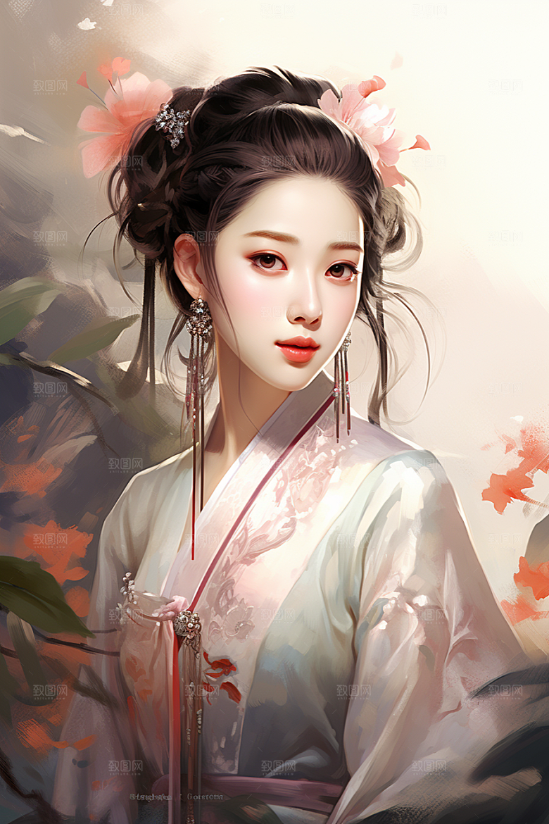 新中式美女高清手绘插画